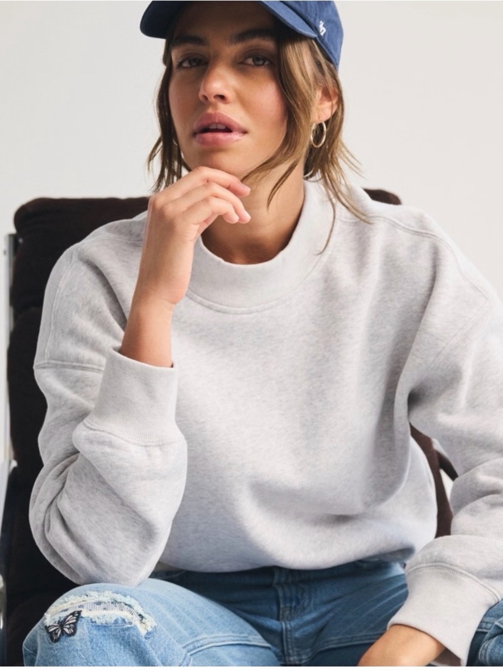 A&F Sunday Mock Neck Crew Sweatshirt- Small -Light Grey